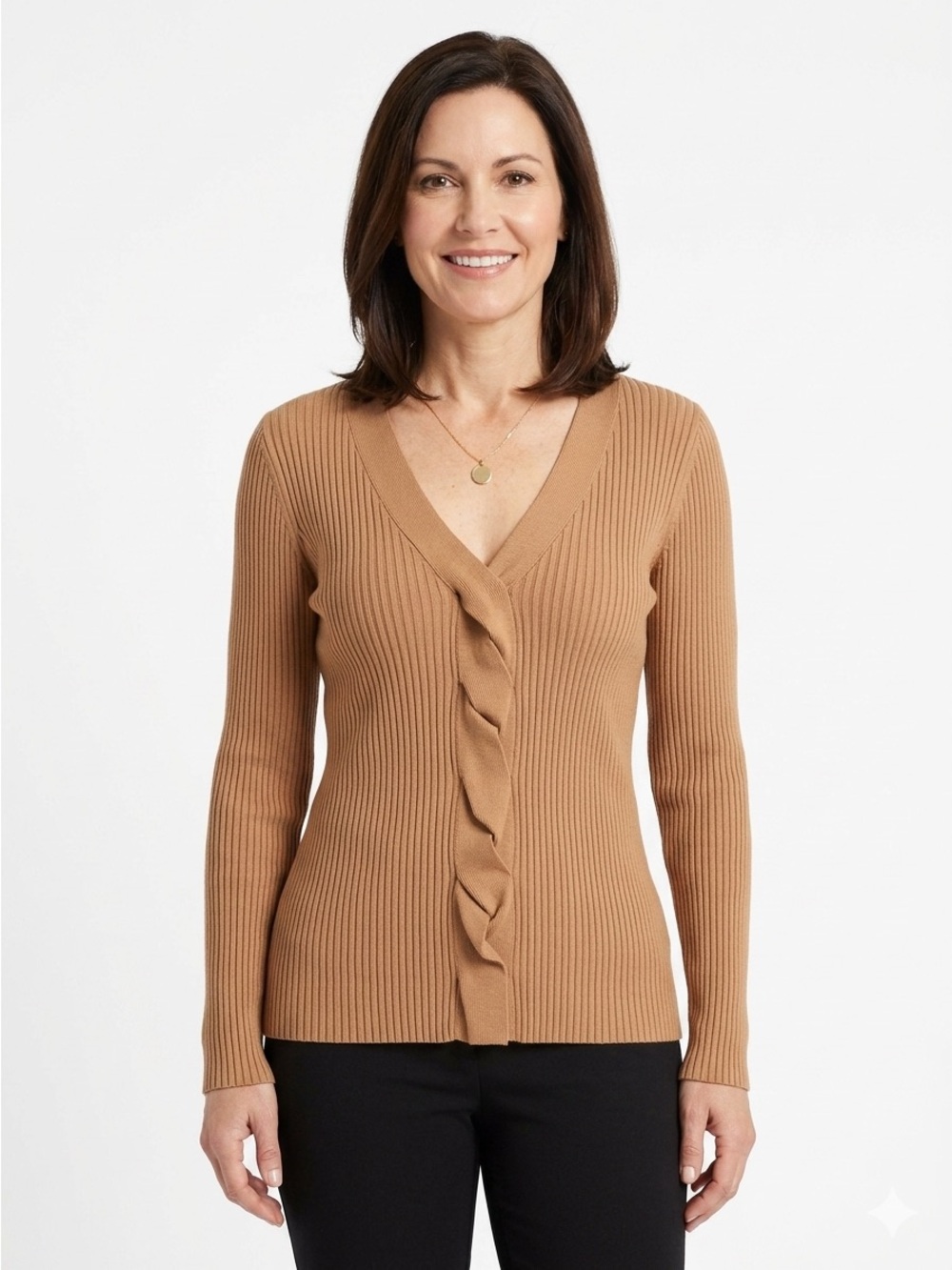 INC International Concepts Camel Ribbed V-Neck Twist-Front Sweater Size L